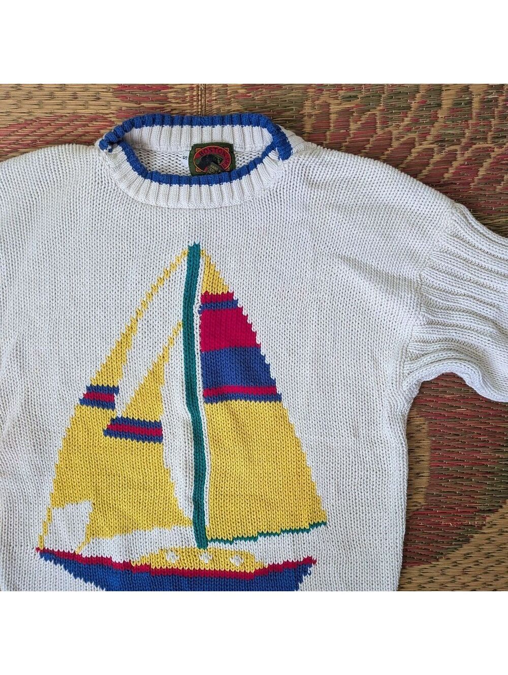 Vintage 1990s Boston Traders Sailboat Hand Knit Cotton Sweater Nautical Size S